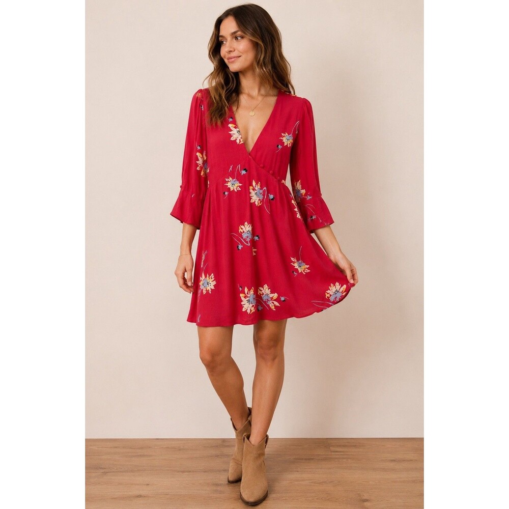 Free People Red Floral Wrap Dress Women’s S Bell Sleeve Boho Mini Dress